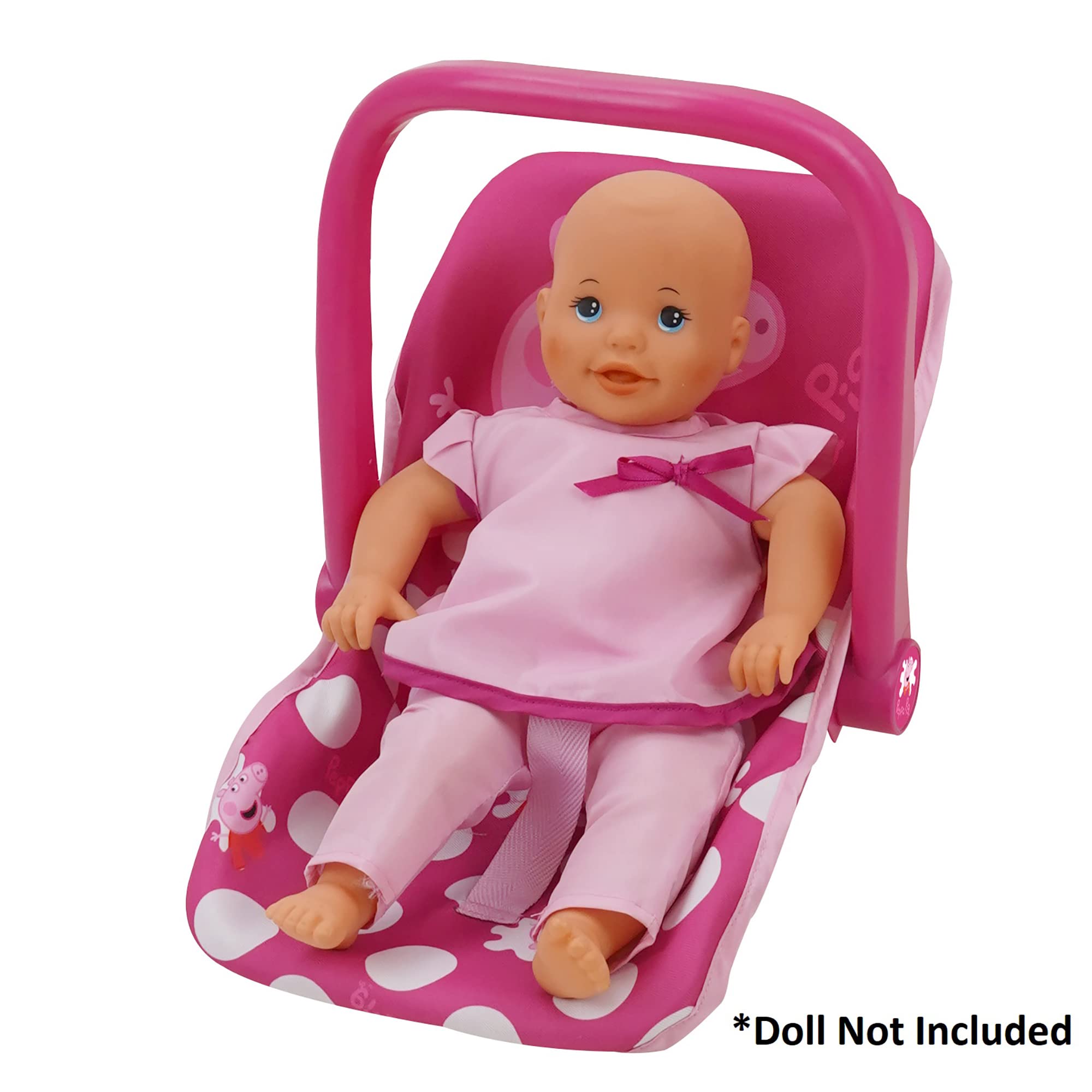 Peppa Pig: Baby Doll Car Seat - Pink & White Dots - Fits Dolls Up to 18" Convertible Into A Feeding Chair, Plastic Shell W/Fabric, Harness Belt, Pretend Play for Kids Ages 3+