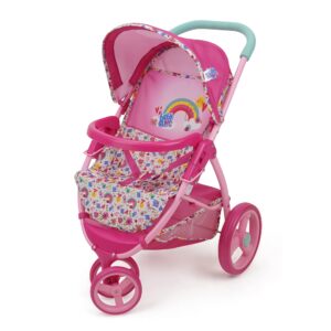 baby alive: doll jogging stroller - pink & rainbow - fits dolls up to 24", retractable canopy, front bumper bar, swivel wheels, safety harness, pretend play for kids ages 3+