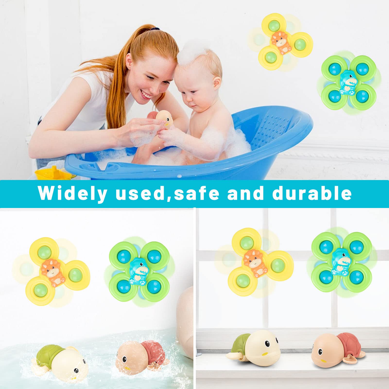 2PCS Suction Cup Spinner Toys with Swim Turtle Water Bath Toys for Toddlers 1-3 Year Old Boys Gifts, Bath Toys, Bathtub Toys for Baby Pool Toys, First Birthday Baby Gifts for 1 Year Old Girls Boys