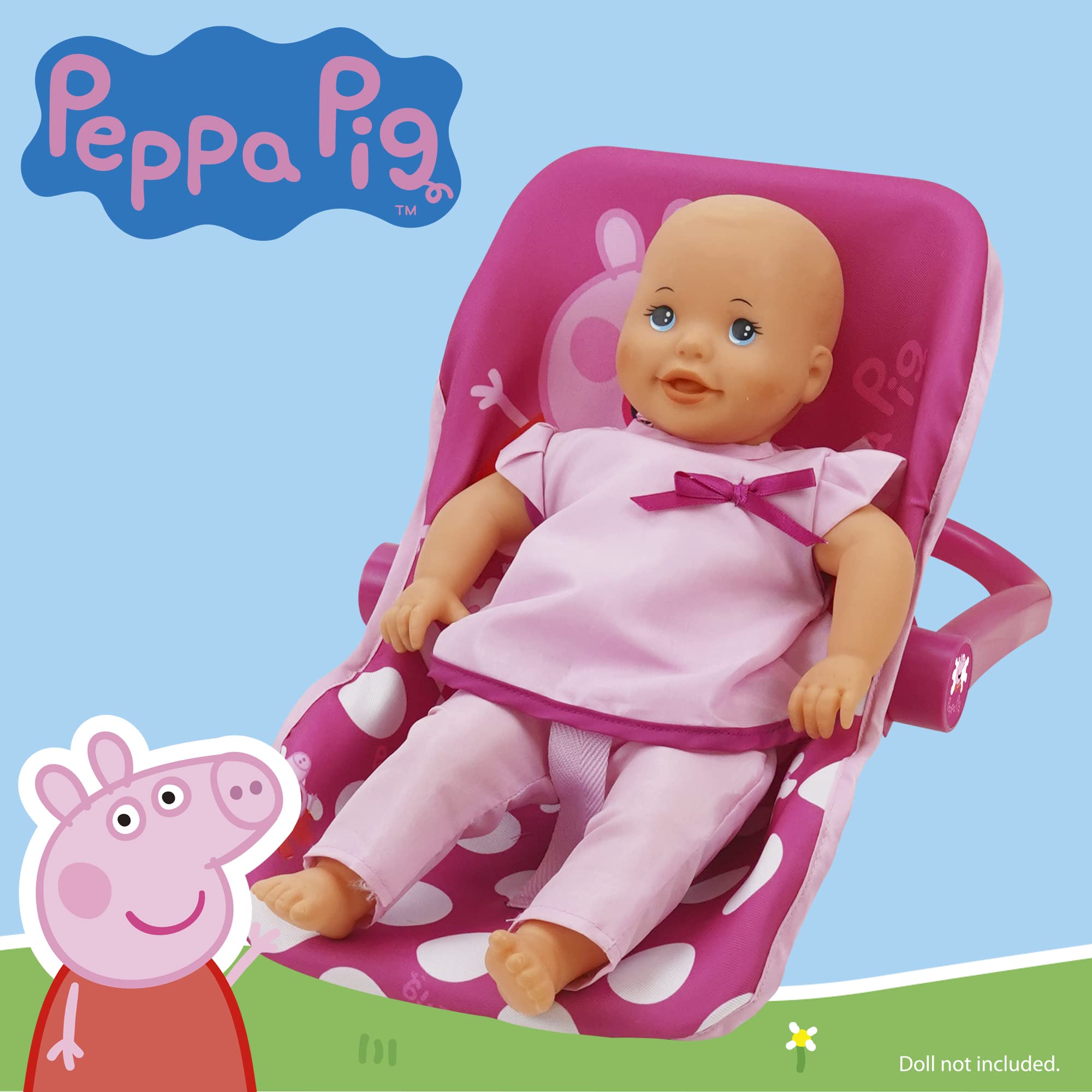 Peppa Pig: Baby Doll Car Seat - Pink & White Dots - Fits Dolls Up to 18" Convertible Into A Feeding Chair, Plastic Shell W/Fabric, Harness Belt, Pretend Play for Kids Ages 3+