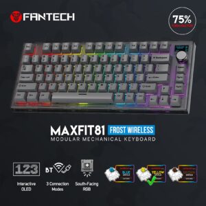 FANTECH MAXFIT81 Mechanical Keyboard PBT Keycaps RGB 75% Gaming Keyboard with Customizable OLED Display & Knob, Hot Swappable Modular Sound Proofing Base, Gateron Yellow Switch, Black