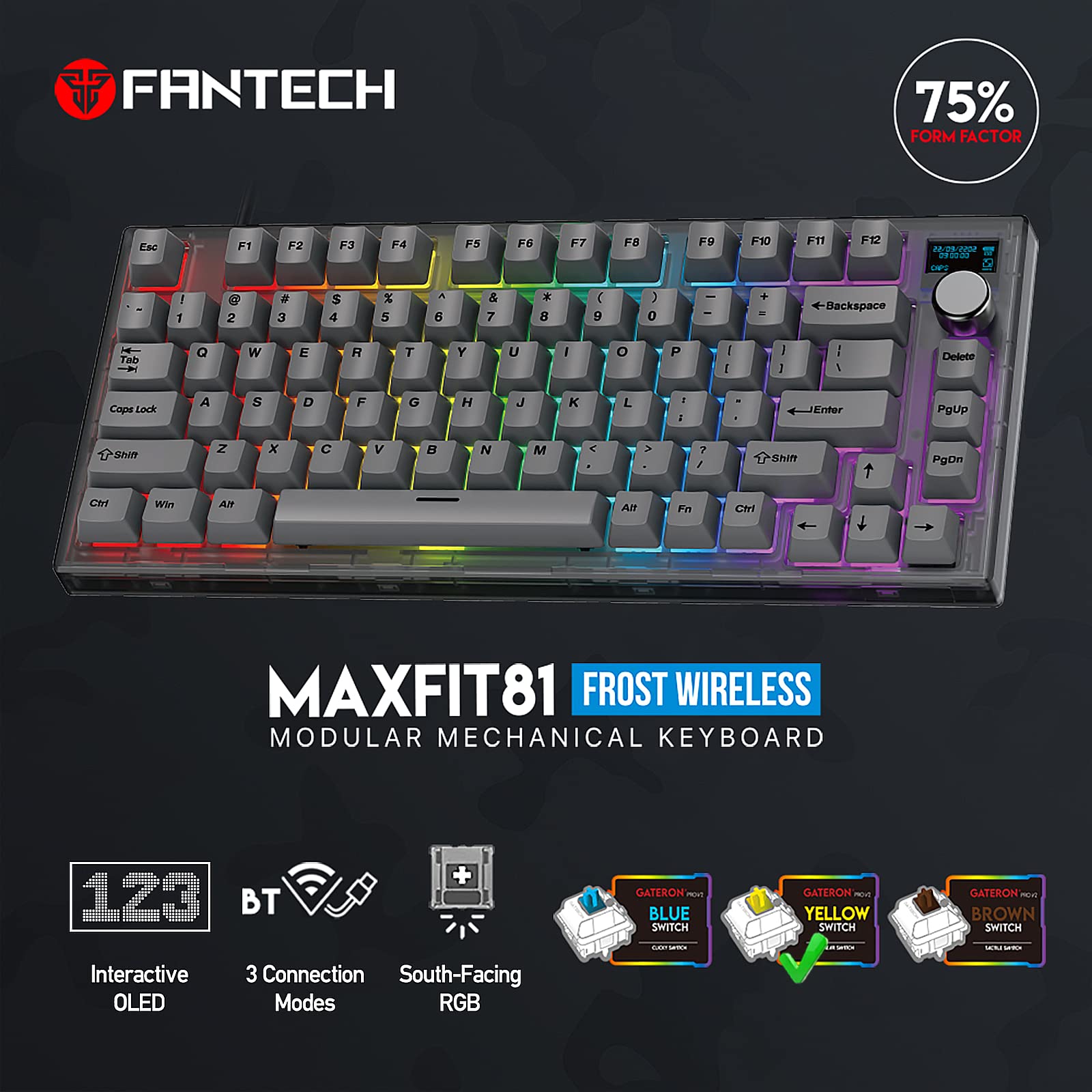 FANTECH MAXFIT81 Mechanical Keyboard PBT Keycaps RGB 75% Gaming Keyboard with Customizable OLED Display & Knob, Hot Swappable Modular Sound Proofing Base, Gateron Yellow Switch, Black