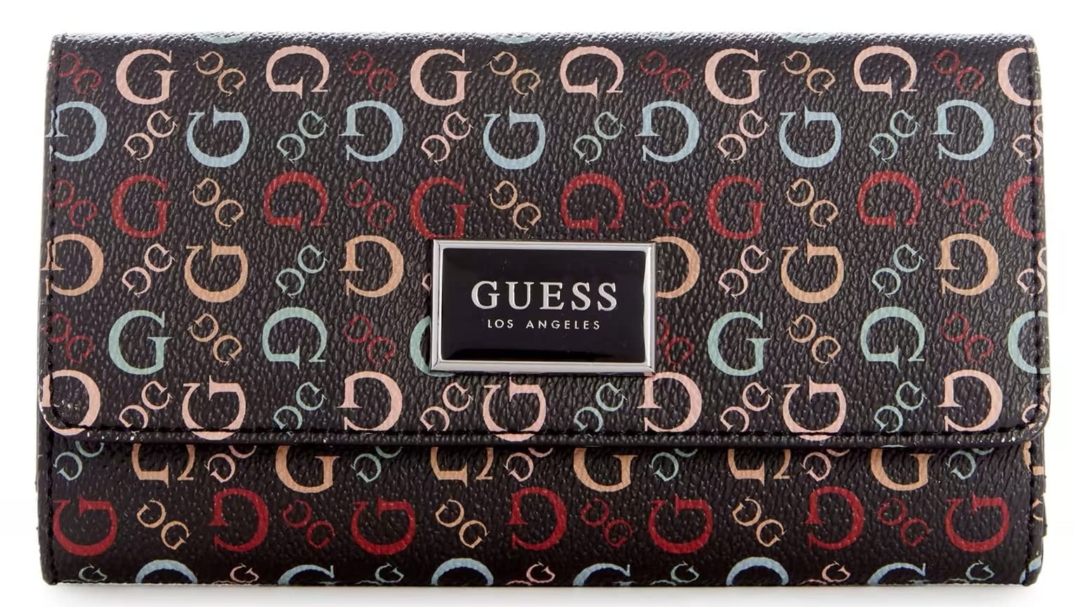 GUESS Women Logo Print Faux Leather Slim Wallet Clutch Bag - Black Multi