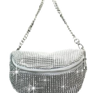 Zzfab Mesh Bing Fanny Crossbody Bags Rhinestone Clutches bling Evening Purse for Wedding and Prom Silver