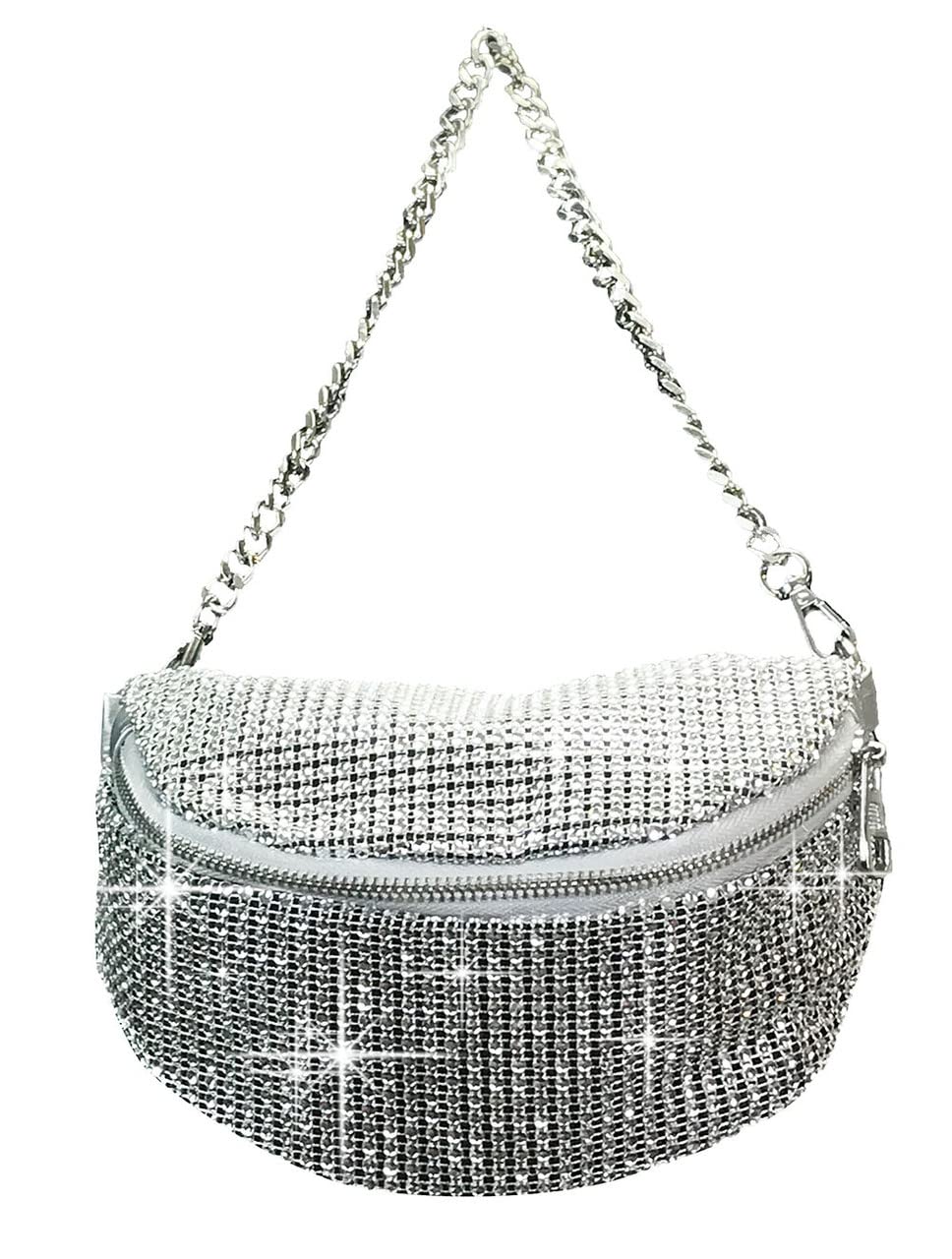 Zzfab Mesh Bing Fanny Crossbody Bags Rhinestone Clutches bling Evening Purse for Wedding and Prom Silver