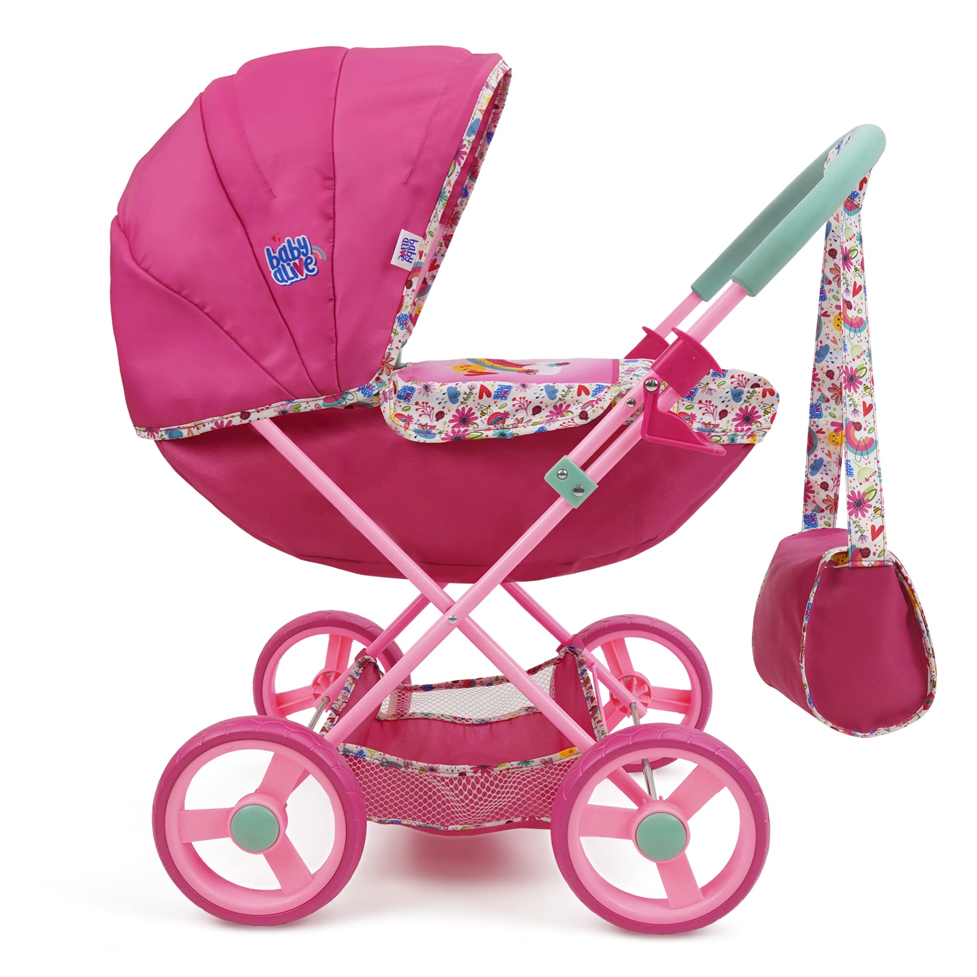 Baby Alive: Deluxe Classic Doll Pram - Pink & Rainbow - Includes Matching Handbag/Diaper Bag, Fits Dolls up to 18", Large Canopy, Storage Basket & Bassinet, Pretend Play for Kids Ages 3+