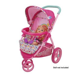 Baby Alive: Doll Jogging Stroller - Pink & Rainbow - Fits Dolls Up to 24", Retractable Canopy, Front Bumper Bar, Swivel Wheels, Safety Harness, Pretend Play for Kids Ages 3+