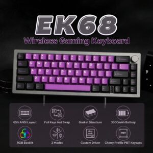 EPOMAKER EK68 65% Wireless Gaming Keyboard, Hot Swappable Gasket Mechanical Keyboard with Metal Knob, Bluetooth 5.0/2.4Ghz Wireless/USB-C Wired Custom Keyboard (Black Purple, Flamingo Switch)