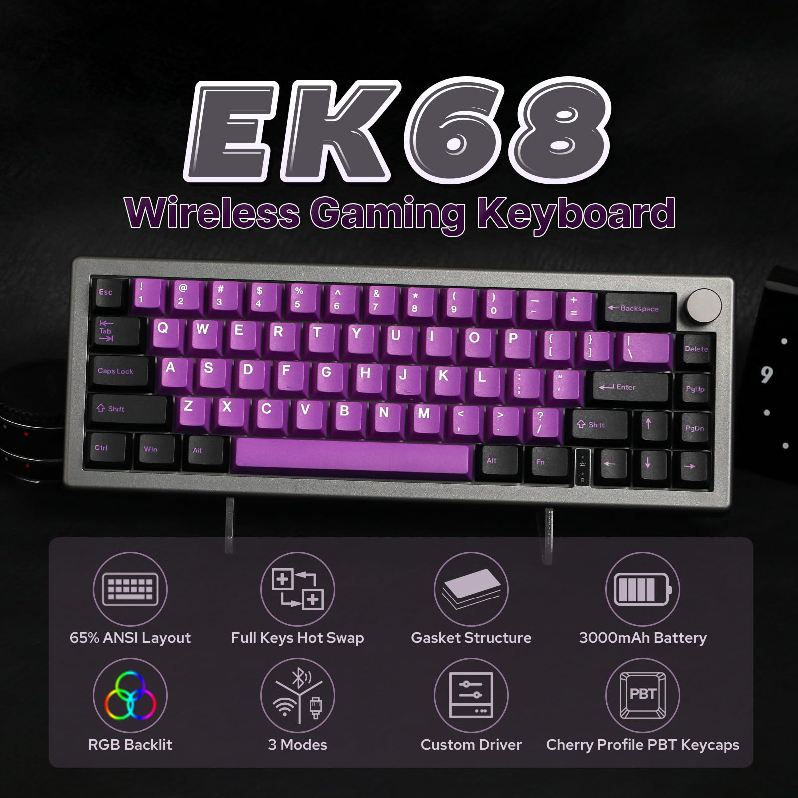 EPOMAKER EK68 65% Wireless Gaming Keyboard, Hot Swappable Gasket Mechanical Keyboard with Metal Knob, Bluetooth 5.0/2.4Ghz Wireless/USB-C Wired Custom Keyboard (Black Purple, Flamingo Switch)