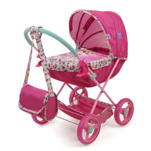 baby alive: deluxe classic doll pram - pink & rainbow - includes matching handbag/diaper bag, fits dolls up to 18", large canopy, storage basket & bassinet, pretend play for kids ages 3+