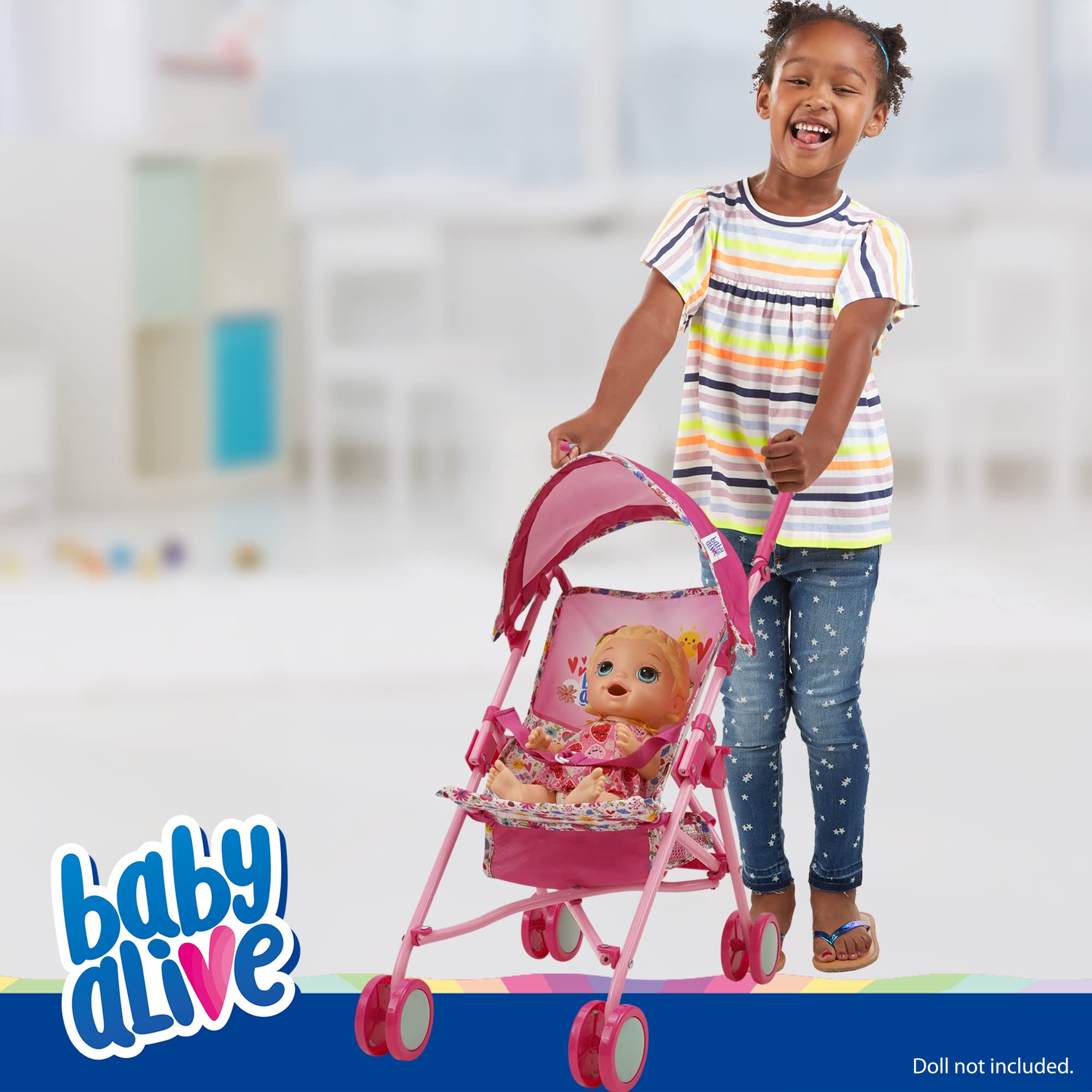 Baby Alive: Doll Stroller - Pink & Rainbow - Fits Dolls Up to 24", Retractable Canopy, Safety Harness for Baby Doll, Two-Toned Handle & Wheels, Storage Basket, for Kids Ages 3+