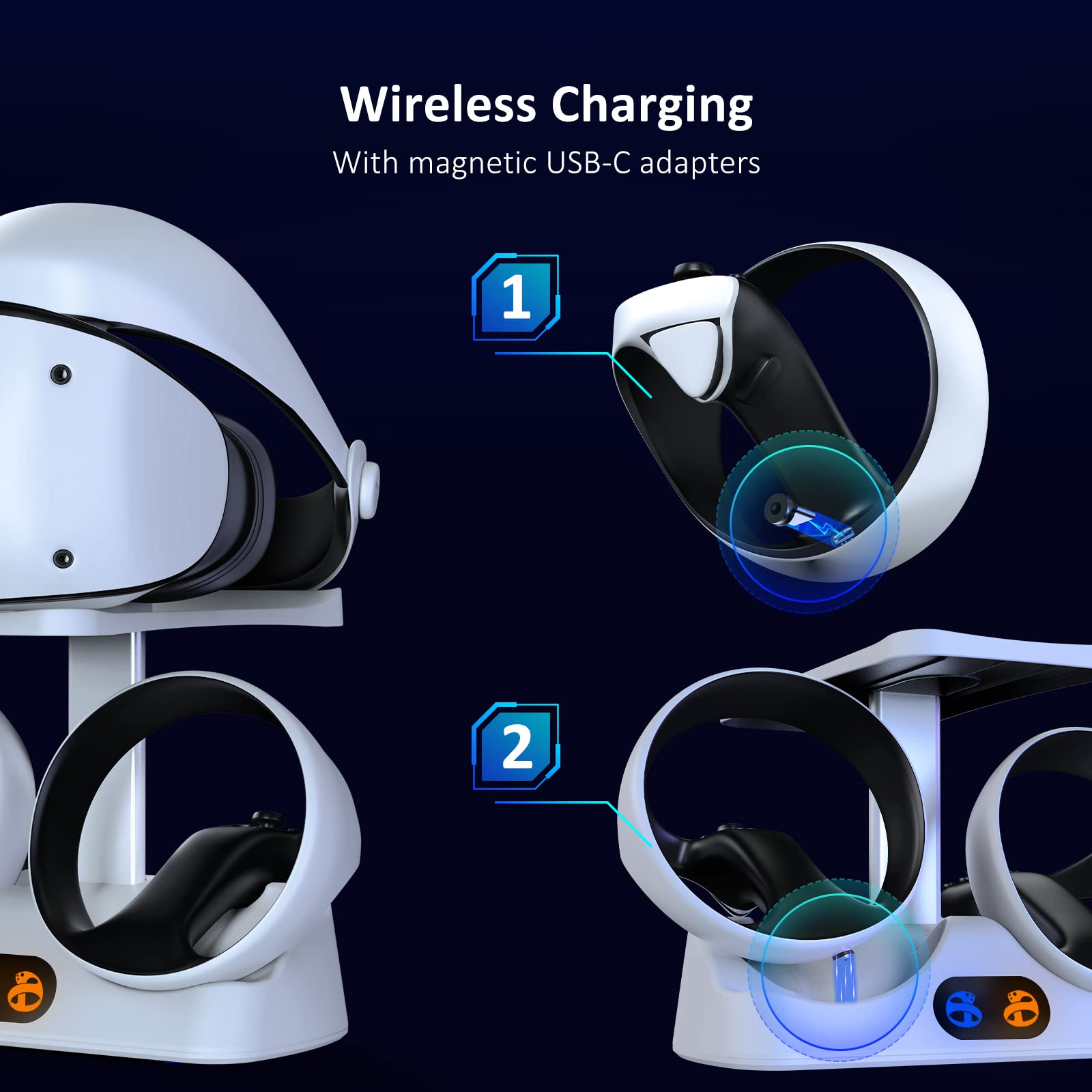 NexiGo Controller Charging Station for PSVR2, Dual Fast Charger Dock with LED Light, Headset Display Stand and Controller Mount, Magnetic Connector, USB to Type-C Cable, White