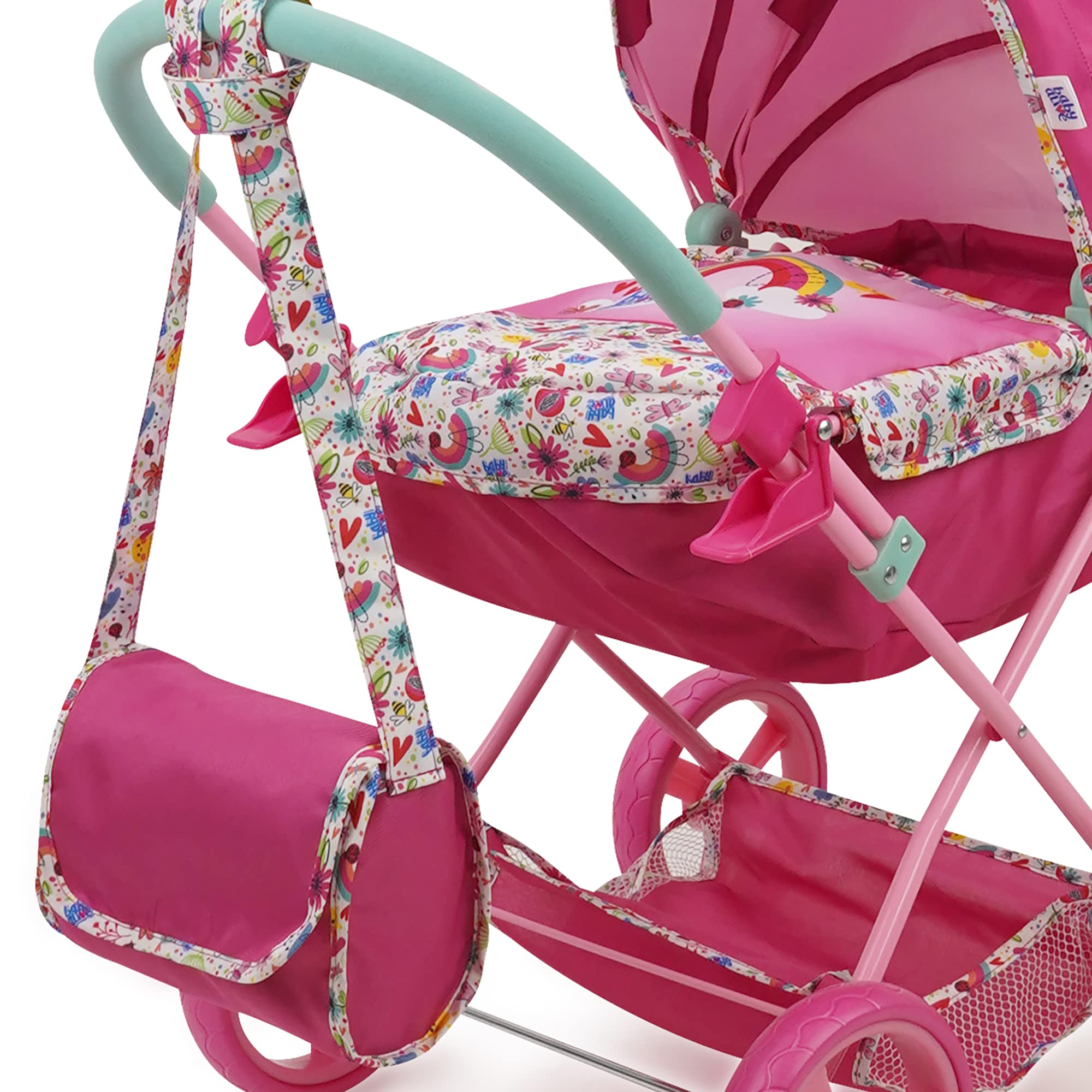 Baby Alive: Deluxe Classic Doll Pram - Pink & Rainbow - Includes Matching Handbag/Diaper Bag, Fits Dolls up to 18", Large Canopy, Storage Basket & Bassinet, Pretend Play for Kids Ages 3+