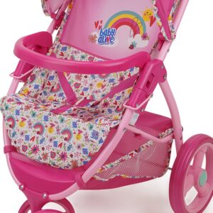 Baby Alive: Doll Jogging Stroller - Pink & Rainbow - Fits Dolls Up to 24", Retractable Canopy, Front Bumper Bar, Swivel Wheels, Safety Harness, Pretend Play for Kids Ages 3+