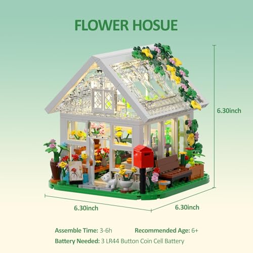 Flower House Building Set, Garden House Building Toy with LED Light, Creative Building Playset, Build a Greenhouse Model, Great Gift for Friends or Girls (597 Pieces)