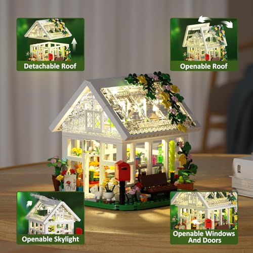 Flower House Building Set, Garden House Building Toy with LED Light, Creative Building Playset, Build a Greenhouse Model, Great Gift for Friends or Girls (597 Pieces)