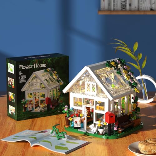 Flower House Building Set, Garden House Building Toy with LED Light, Creative Building Playset, Build a Greenhouse Model, Great Gift for Friends or Girls (597 Pieces)