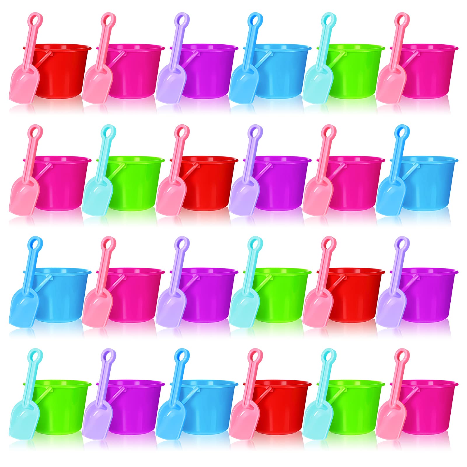 Junkin 24 Sets Beach Sand Buckets and Shovels for Kids Bulk 6.3" Small Beach Pails and Sand Toys for Summer Holiday Party- 24 Bucket+24 Shovels (Cute)