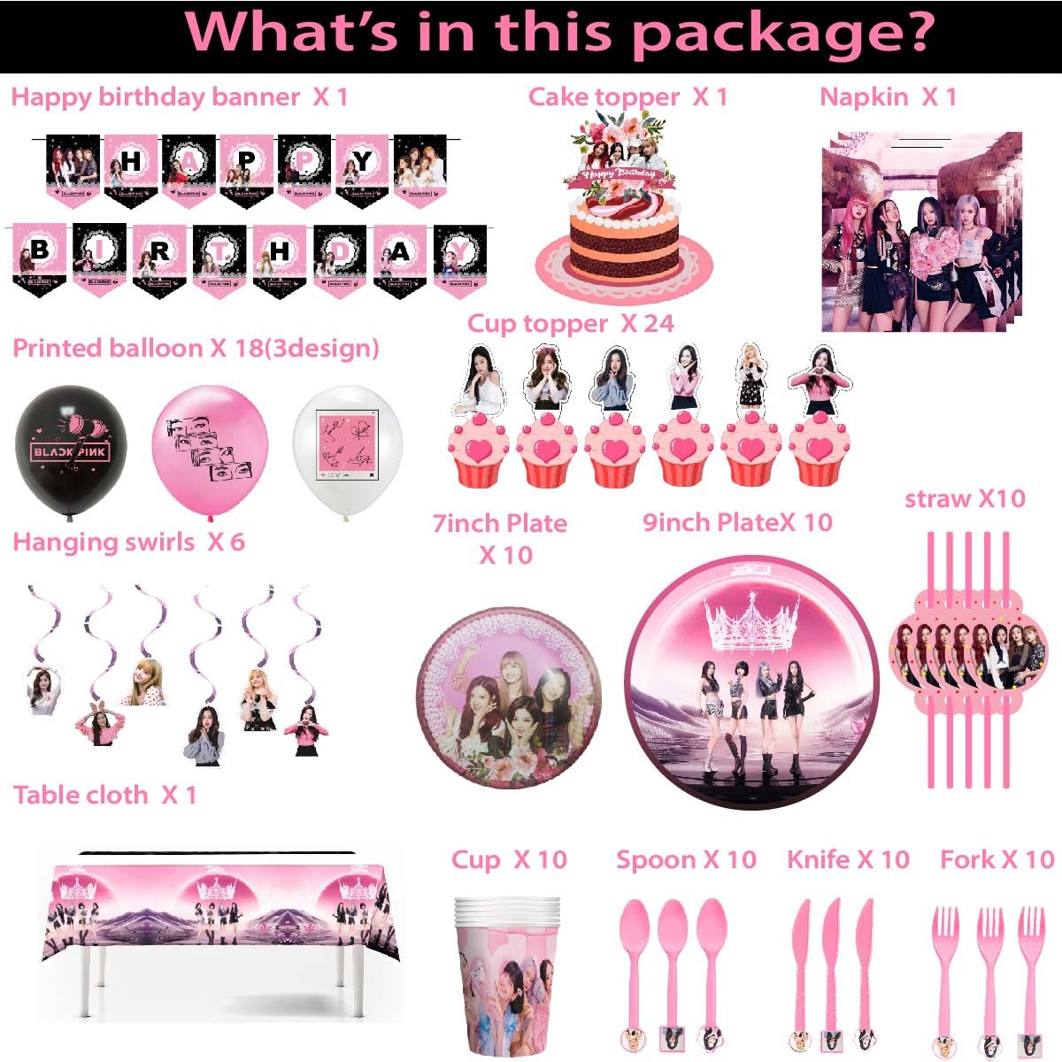 Blackpink birthday party supplies include happy birthday banner cake topper balloon tableware birthday party supplies for girls