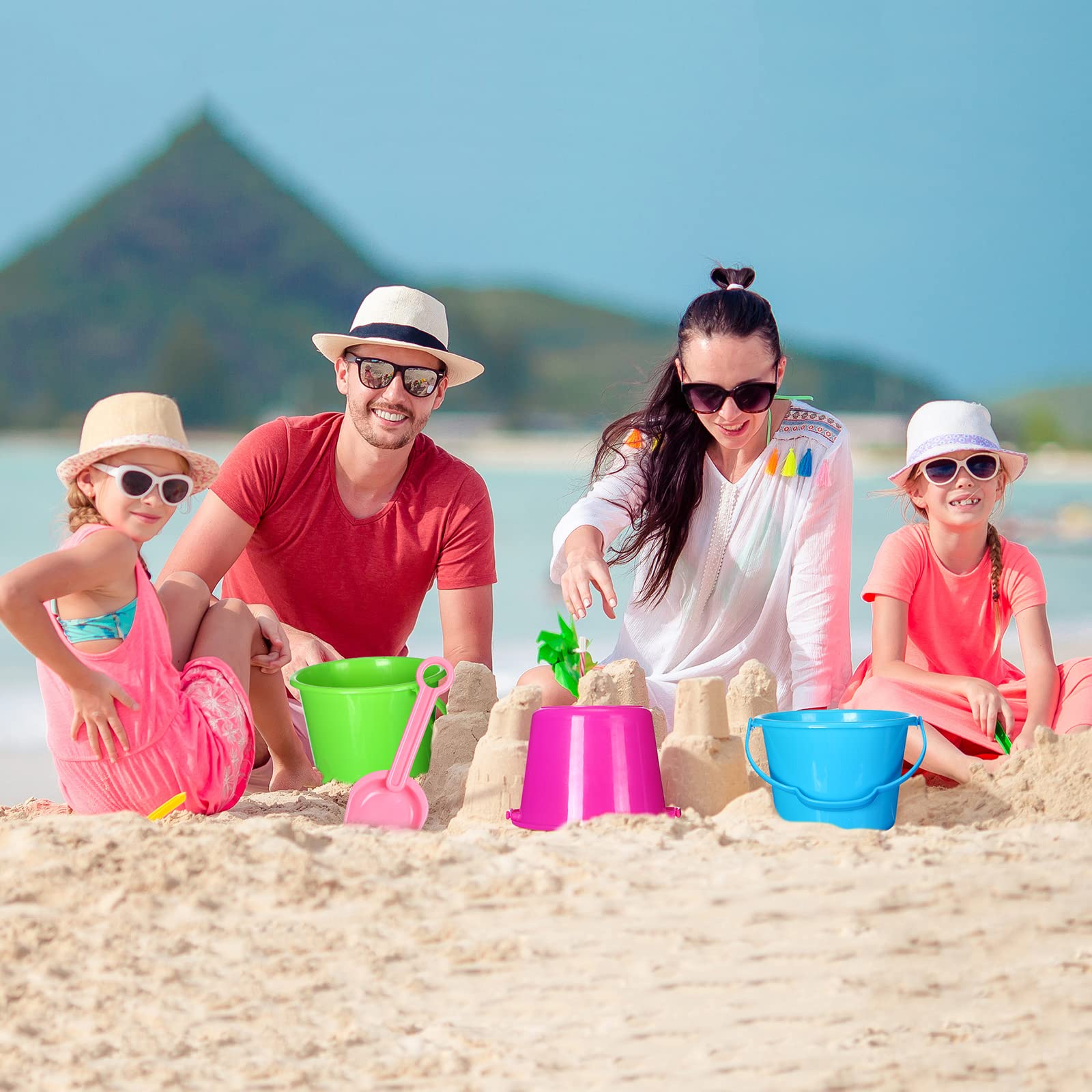 Junkin 24 Sets Beach Sand Buckets and Shovels for Kids Bulk 6.3" Small Beach Pails and Sand Toys for Summer Holiday Party- 24 Bucket+24 Shovels (Cute)