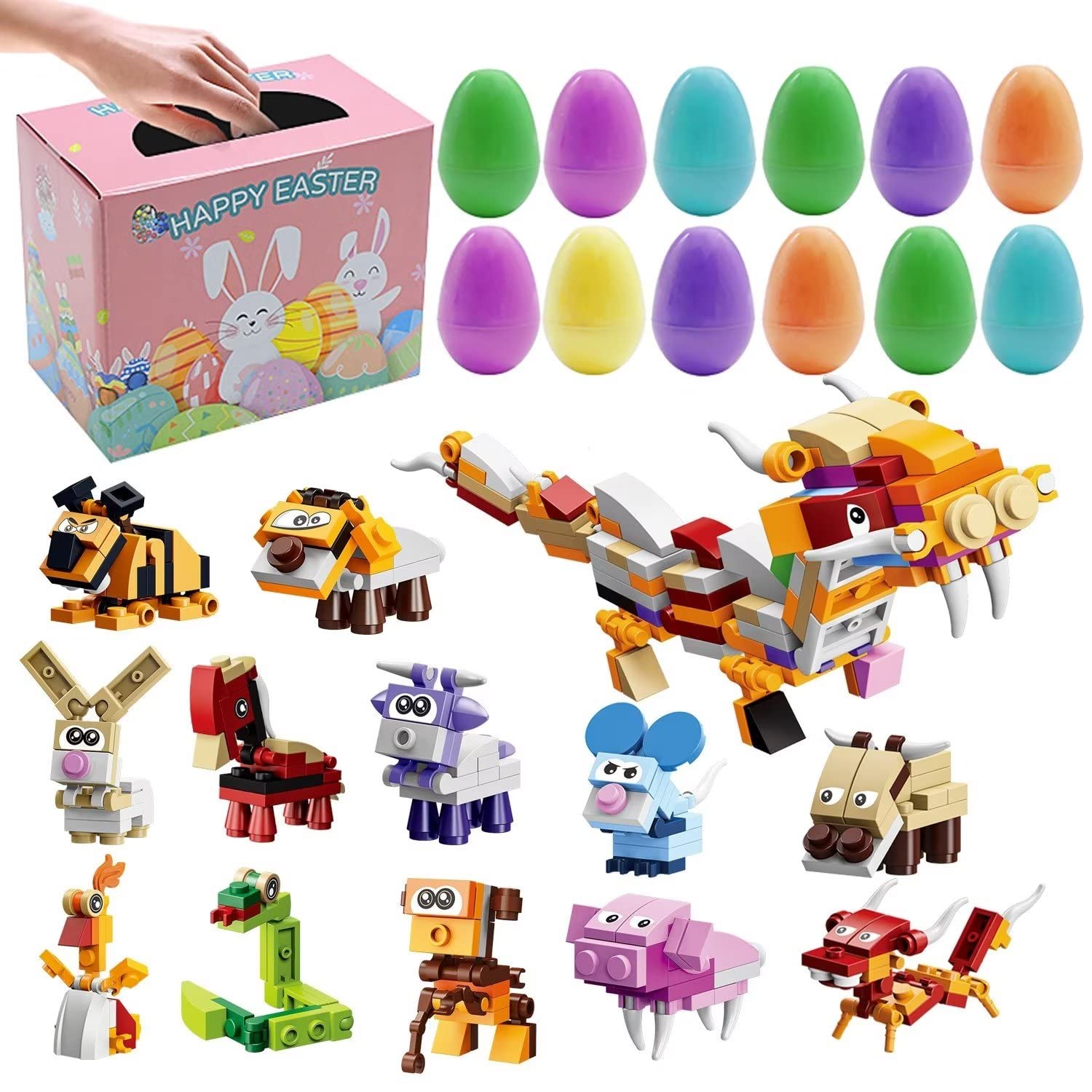 12 Pcs Prefilled Easter Eggs with Zodiac Animal Building Blocks, Surprise Easter Egg Toys Easter Party Favors, Easter Basket Stuffers, Easter Egg Hunting, Classroom Prizes