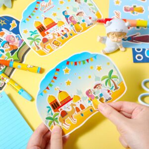 Eid Mubarak Craft Kits Kids Mosque Scene Stickers Muslim Eid Ramadan Sticker Bulk Gift Hanging Ornament Decoration for Eid Al Fitr Party Class Activities, 2 Styles (48 Pack)