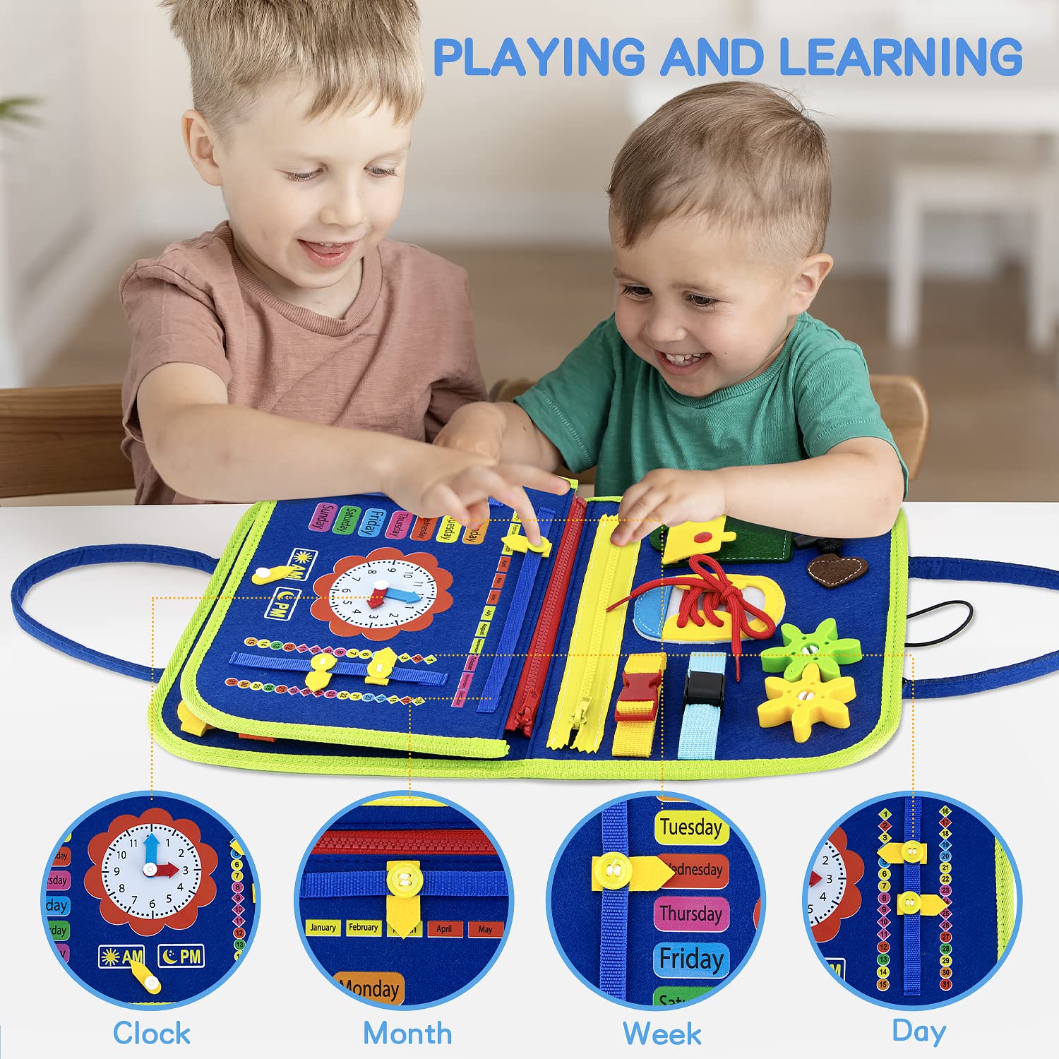 Busy Board Montessori Sensory Toys for Toddlers 1 2 3 4 5 Year Old Boys Girls, Preshool Educational Activity Toy Early Learning Busy Board for Fine Motor Skills, Travel Toys for Plane Car, Blue