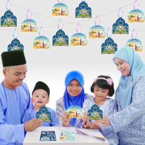 Eid Mubarak Craft Kits Kids Mosque Scene Stickers Muslim Eid Ramadan Sticker Bulk Gift Hanging Ornament Decoration for Eid Al Fitr Party Class Activities, 2 Styles (48 Pack)