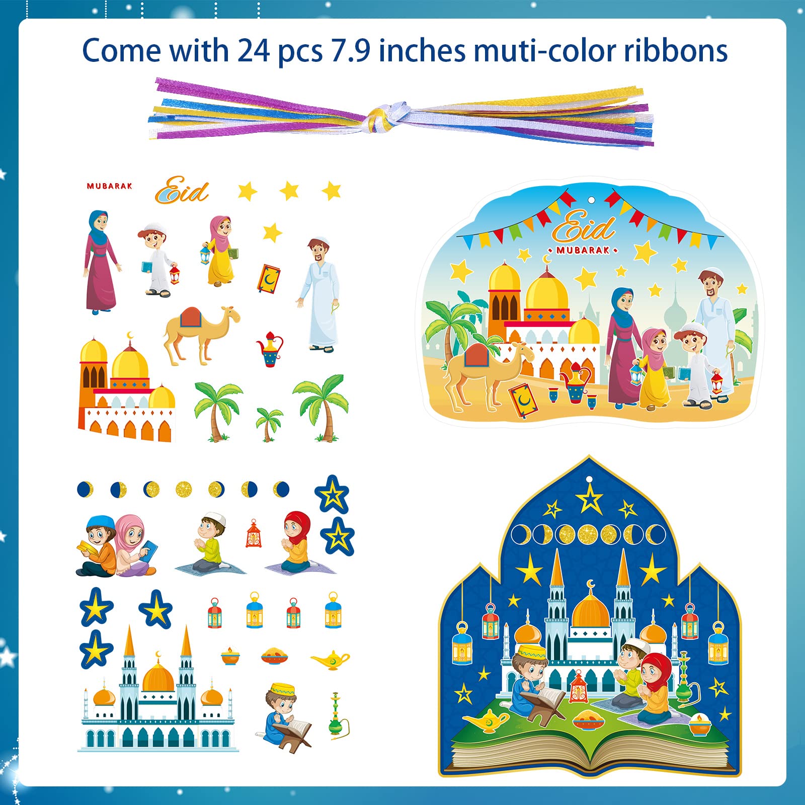 Eid Mubarak Craft Kits Kids Mosque Scene Stickers Muslim Eid Ramadan Sticker Bulk Gift Hanging Ornament Decoration for Eid Al Fitr Party Class Activities, 2 Styles (48 Pack)