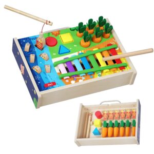 weluyyyi montessori toys for baby toddler,wooden shape sorting fine motor sensory toy with xylophone,fishing game,carrot harvest 4 in 1 for 3+ year old preschool learning educational baby gifts