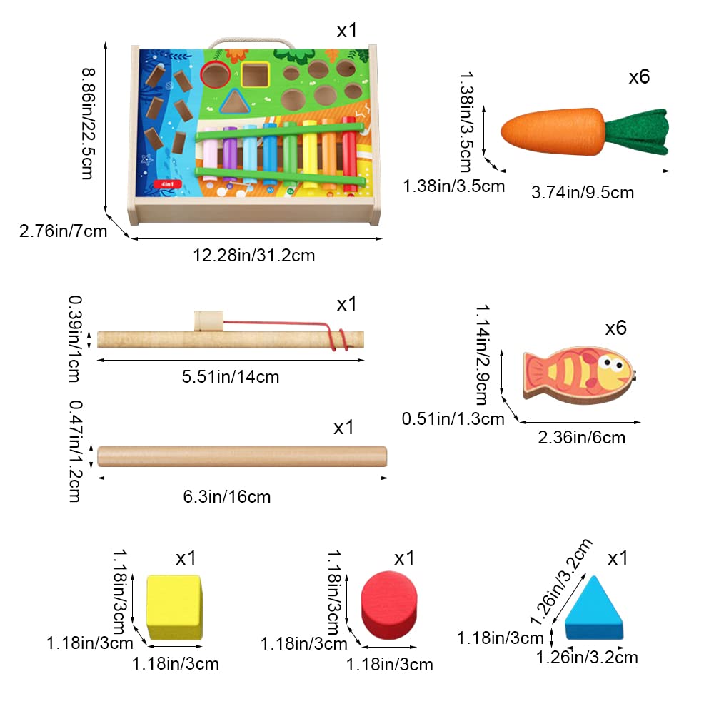 weluyyyi Montessori Toys for Baby Toddler,Wooden Shape Sorting Fine Motor Sensory Toy with Xylophone,Fishing Game,Carrot Harvest 4 in 1 for 3+ Year Old Preschool Learning Educational Baby Gifts