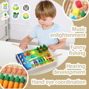 weluyyyi Montessori Toys for Baby Toddler,Wooden Shape Sorting Fine Motor Sensory Toy with Xylophone,Fishing Game,Carrot Harvest 4 in 1 for 3+ Year Old Preschool Learning Educational Baby Gifts