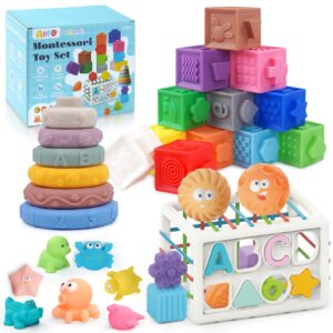 adfo 5 in 1 baby toys 6to12-18 months, 43pcs montessori toys for 1 2 3 year old, include soft stacking blocks & color shape sensory toys & teething bath toys for infants