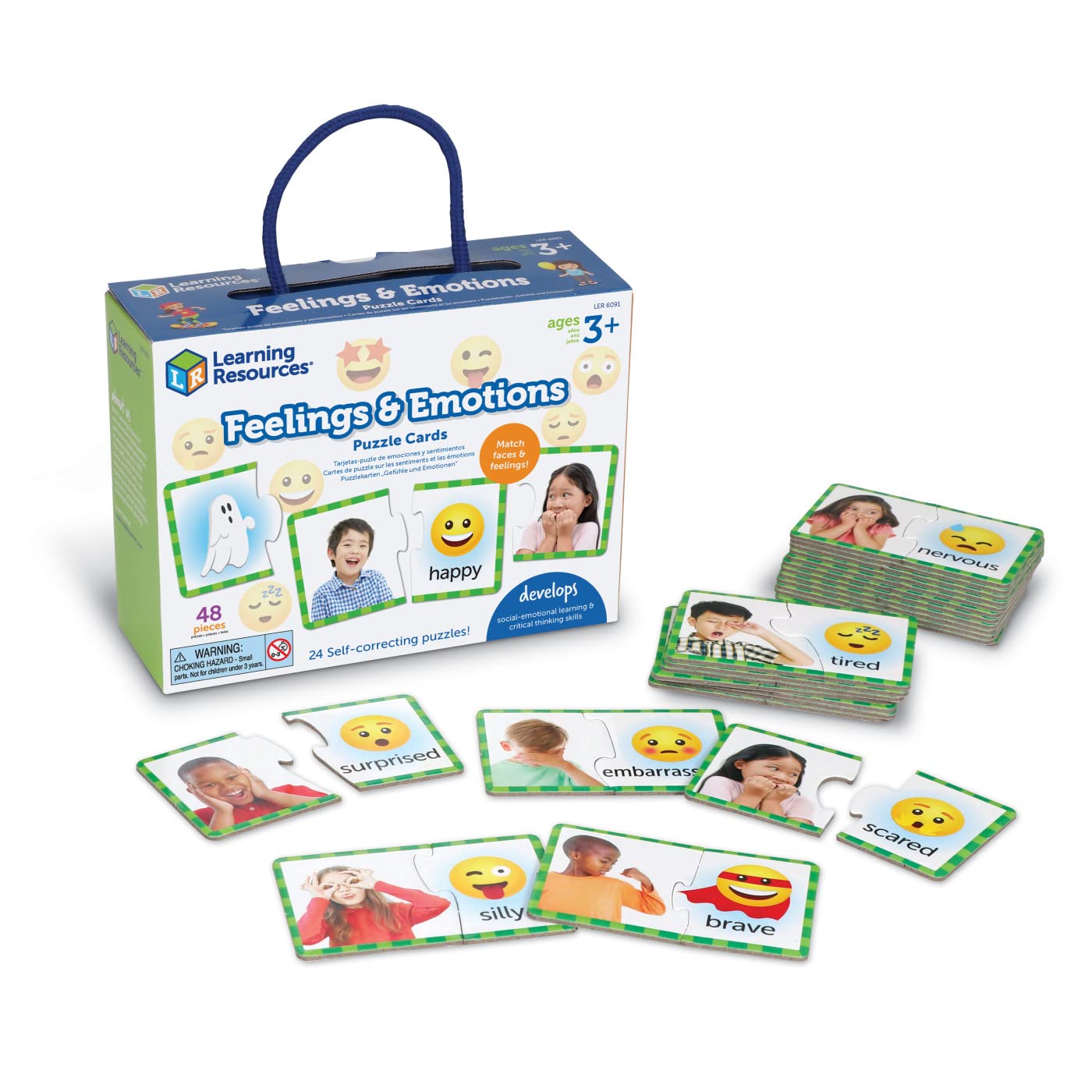 Learning Resources Feelings & Emotions Puzzle Cards, 48 Pieces, Ages 3+, Social Skills Toys, Speech Therapy Materials, Social Emotional Learning Toys and Games for Kids