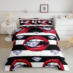 Lips Comforter Set King Size for Women Adult Girls Room Decor Romantic Purple Diamond Bedding Set 3pcs Black Geometric Stripes Quilt Set Valentine's Day Duvet Insert,2 Pillowcases