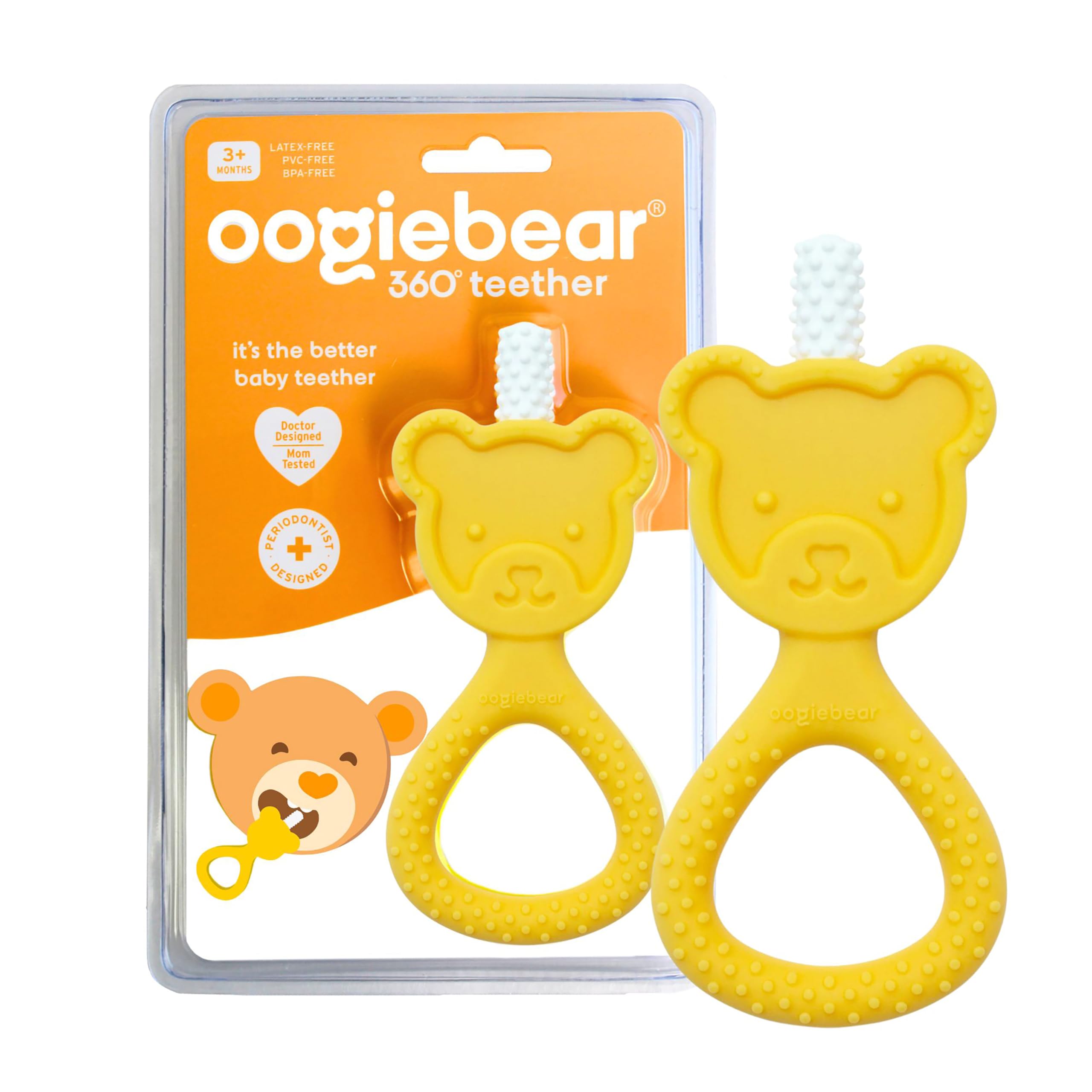 oogiebear 360˚ Teether - Safe Teething Toys for Babies 3 Months and Older | Soft Bristle Teddy Bear Silicone Teether | Super Soft BPA-Free Silicone Teether Toy - Yellow