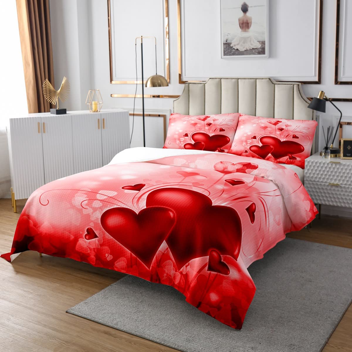 Red Heart Bedspread King Size Valentine's Day Gifts Bedding Set 3pcs for Girls Women Adult Room Decor Couple Wedding Comforter Set Romantic Pink Quilt Set,2 Pillowcases