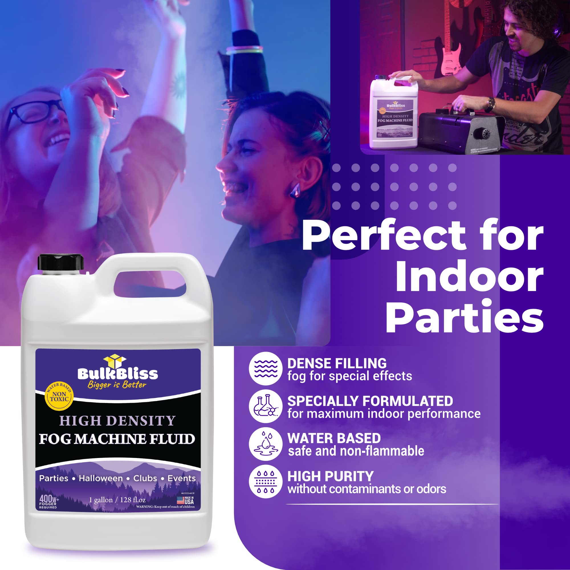 BulkBliss Fog Machine Fluid, Indoor Liquid Formula for Parties and Events, High Density Smoke, 1 Gallon