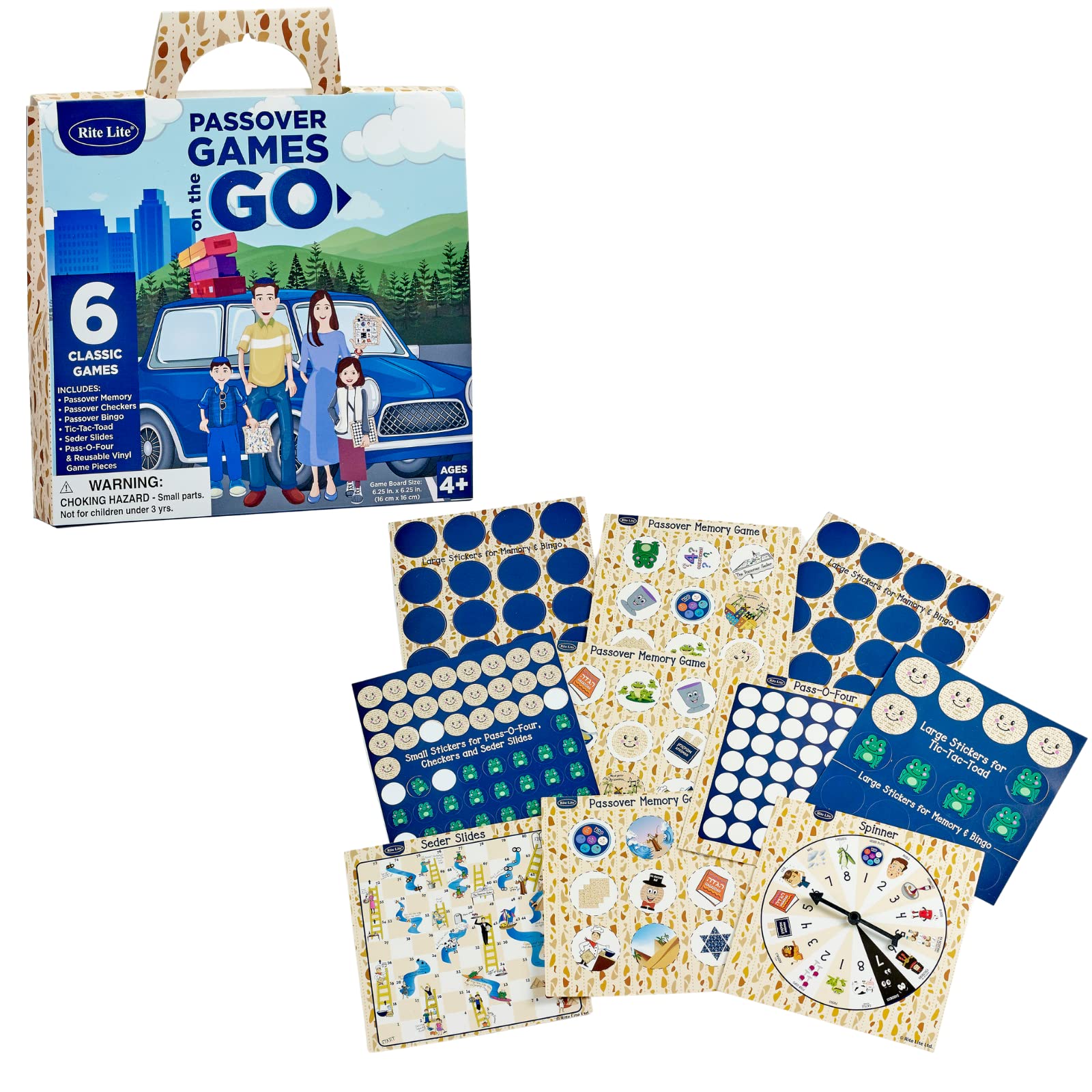 Rite Lite 6 Passover Games On The Go - Jewish Board Games Pesach Seder Gifts for Kids Holiday Party Favors - Includes Tic Tac Toe, Checkers, Bingo, Chutes & Ladders, Four in a Row, Memory Game Set