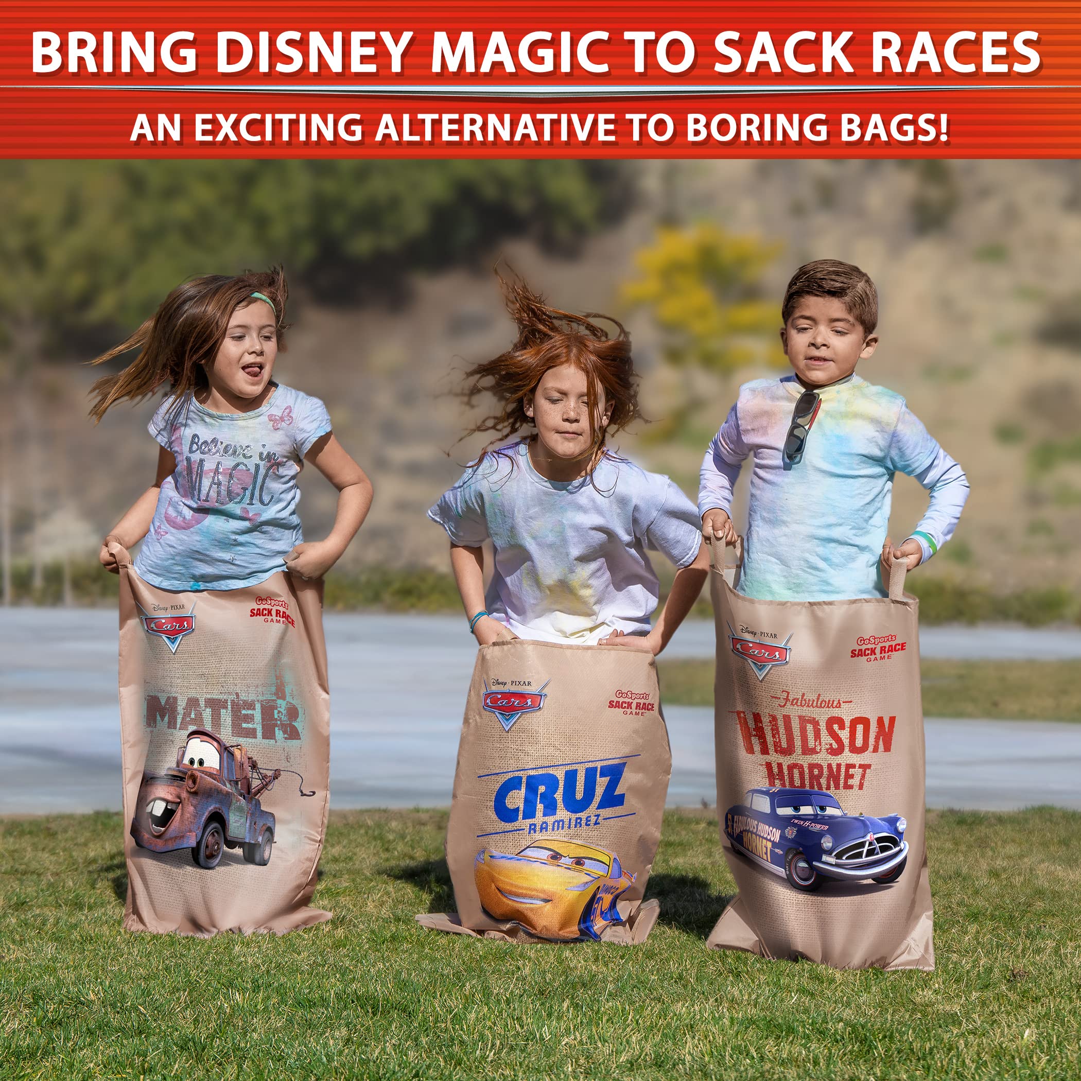 Disney Pixar Sack Race Party Games by GoSports - 6 Pack Bags for Kids - Mickey & Friends, Cars, and Roo Racers