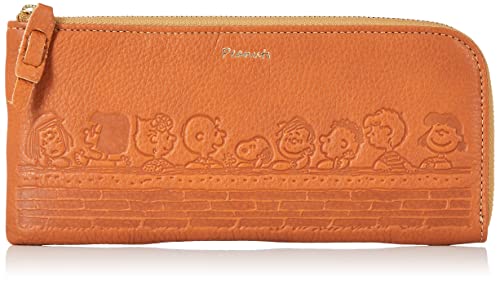 Peanuts No.73260 Snoopy Wallet, Women's, Men's, Genuine Leather, Cowhide Leather, Zipper, L-Shaped, Thin, Long Wallet, Camel