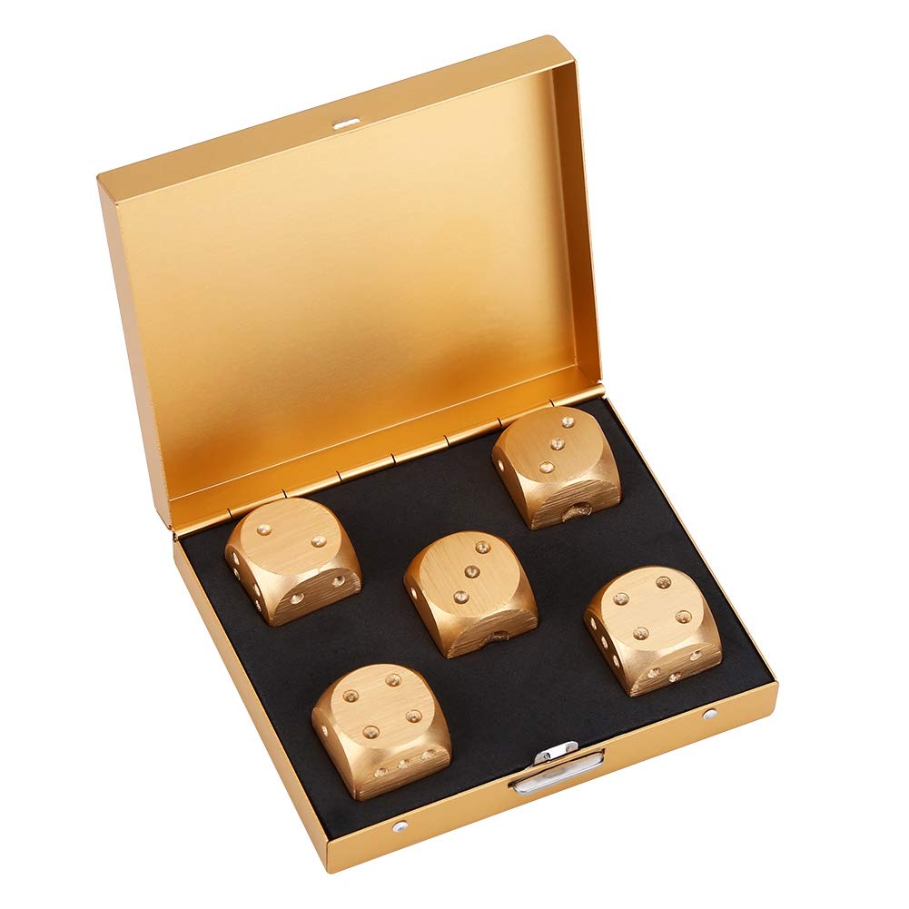 Dice Set with Box, 5pcs Aluminium Alloy Dices Set with Storage Box Suitable for a Variety of Table Games, Poker, Monopoly, etc(Square-Gold)