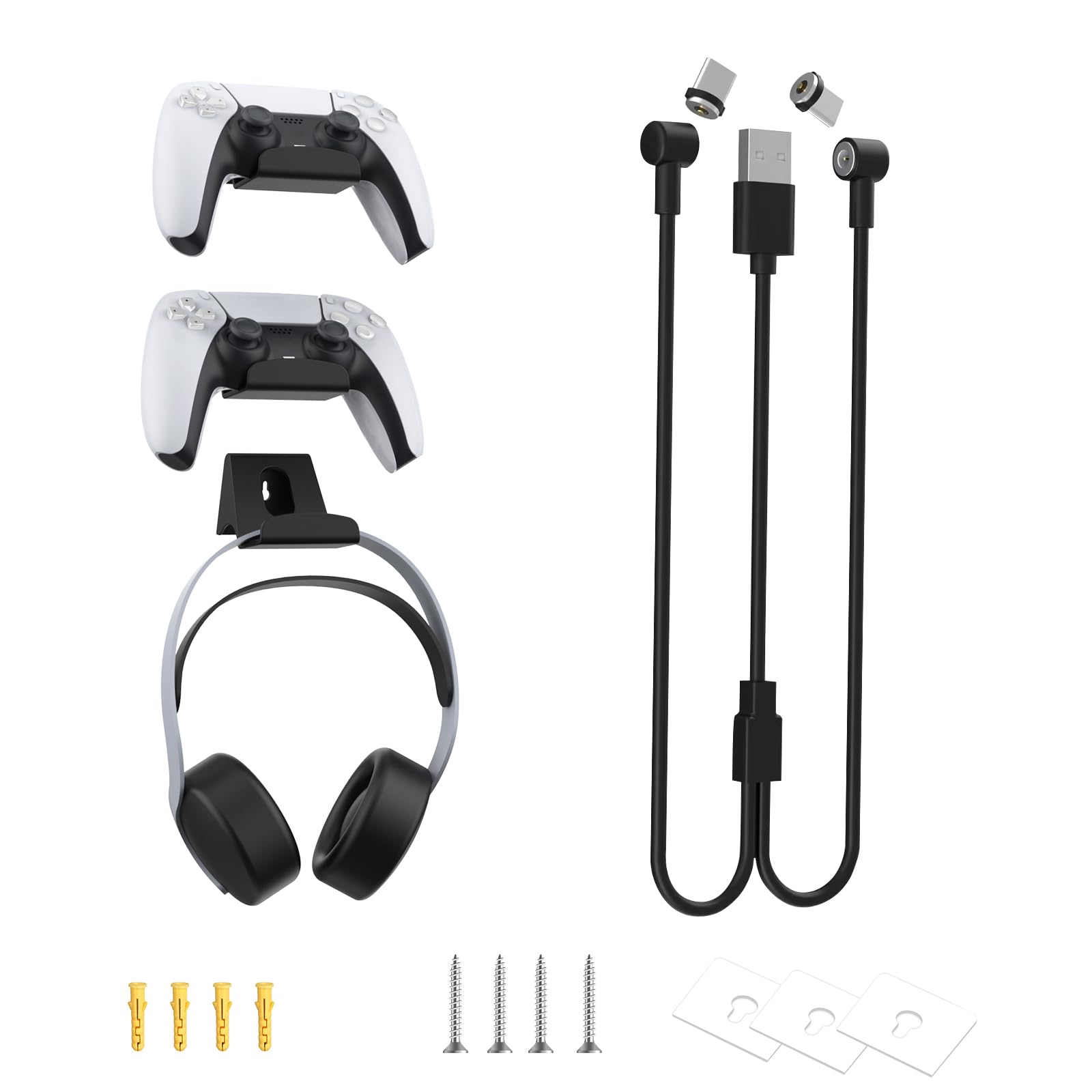 NexiGo Wall Mount Set for PSVR2 Controllers, [Space Saving & Organized Setup] Sturdy Steel Controller Holder and Headphone Hanger, Dual Magnetic USB-C Cable, Hanging Near or Behind TV