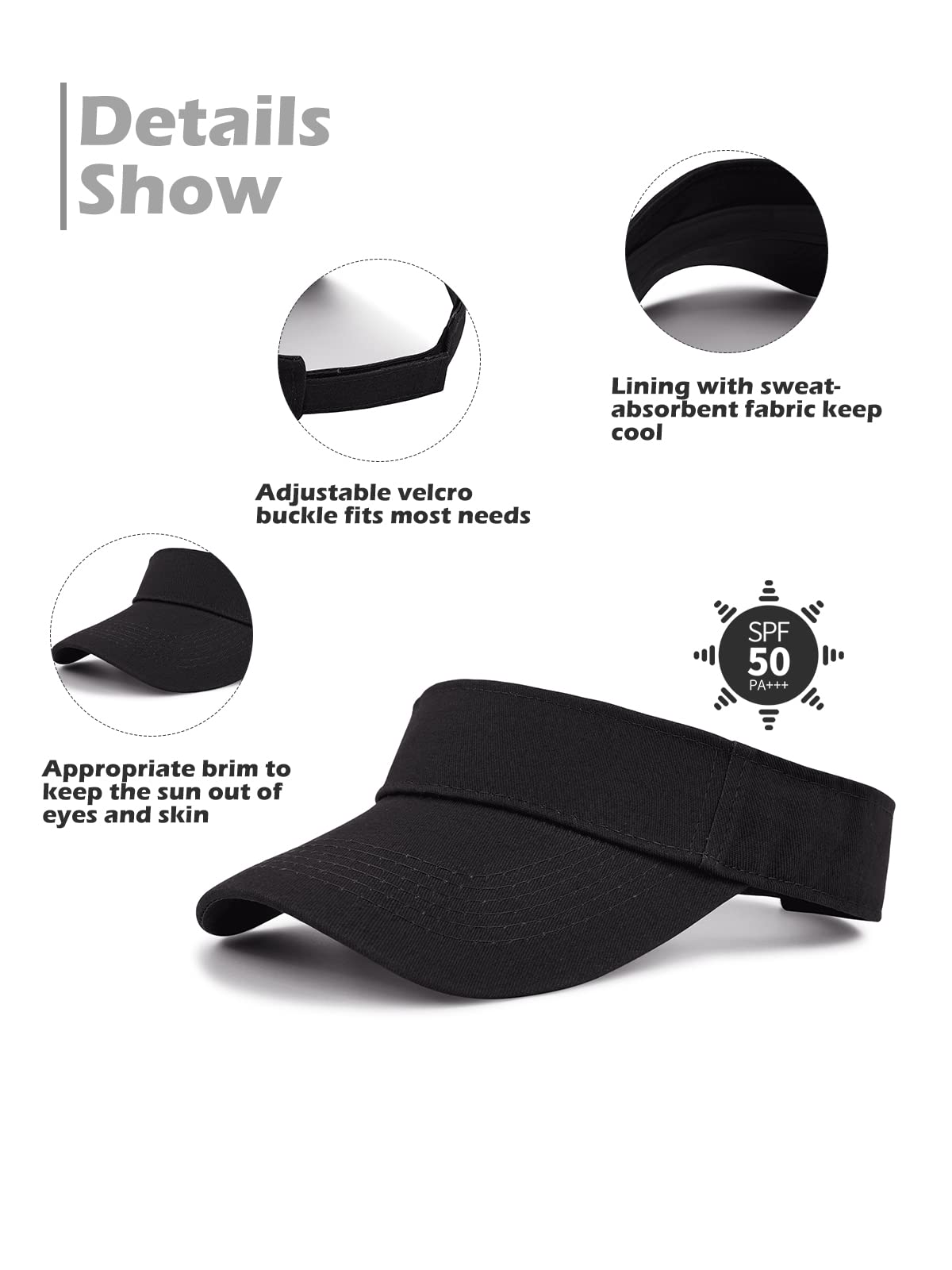 Komorebi Visors for Women Mens Sun Visors with UV Protection Sports Sun Visor Hats Tennis Golf Adjustable Sun Cap 01 Black One Size