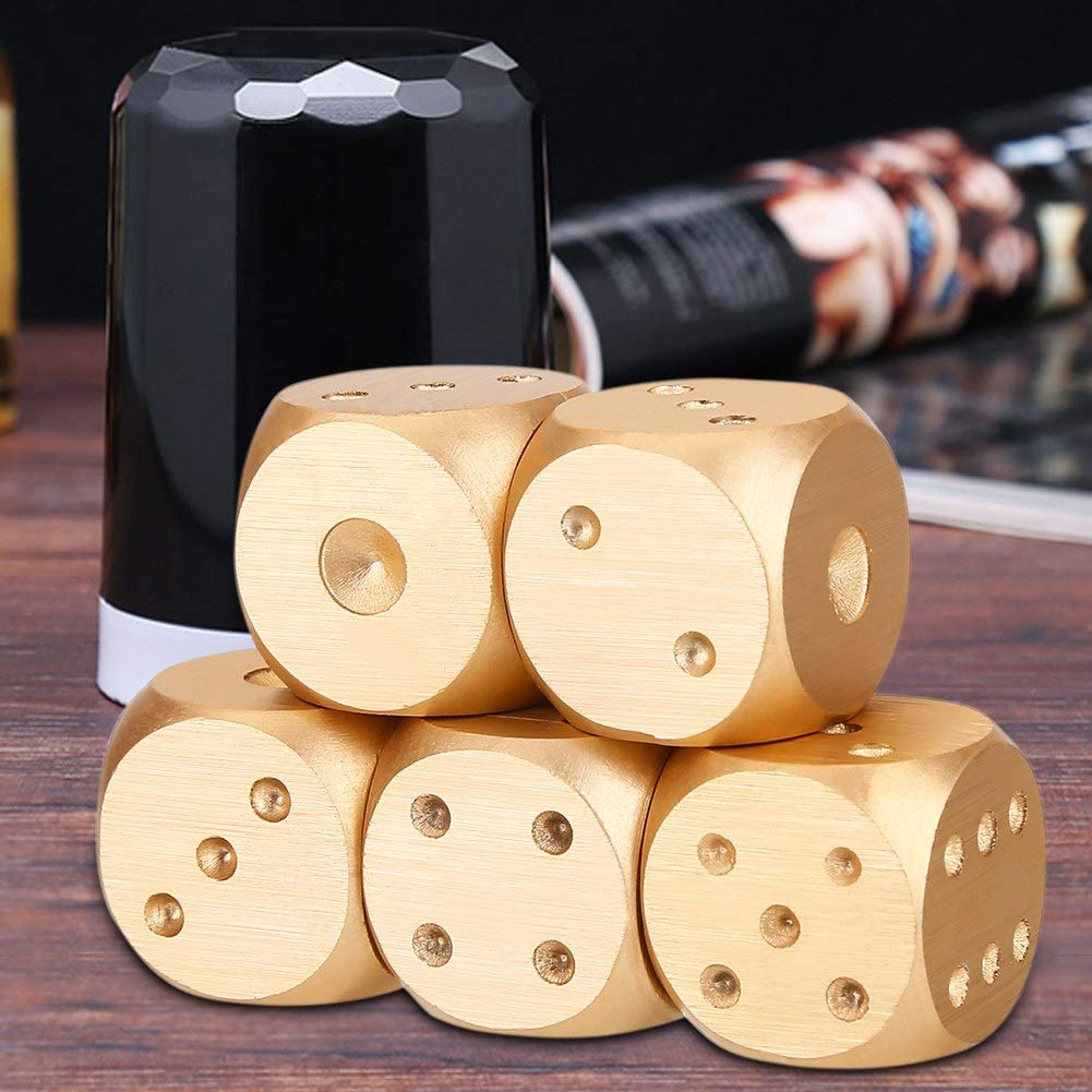 Dice Set with Box, 5pcs Aluminium Alloy Dices Set with Storage Box Suitable for a Variety of Table Games, Poker, Monopoly, etc(Square-Gold)