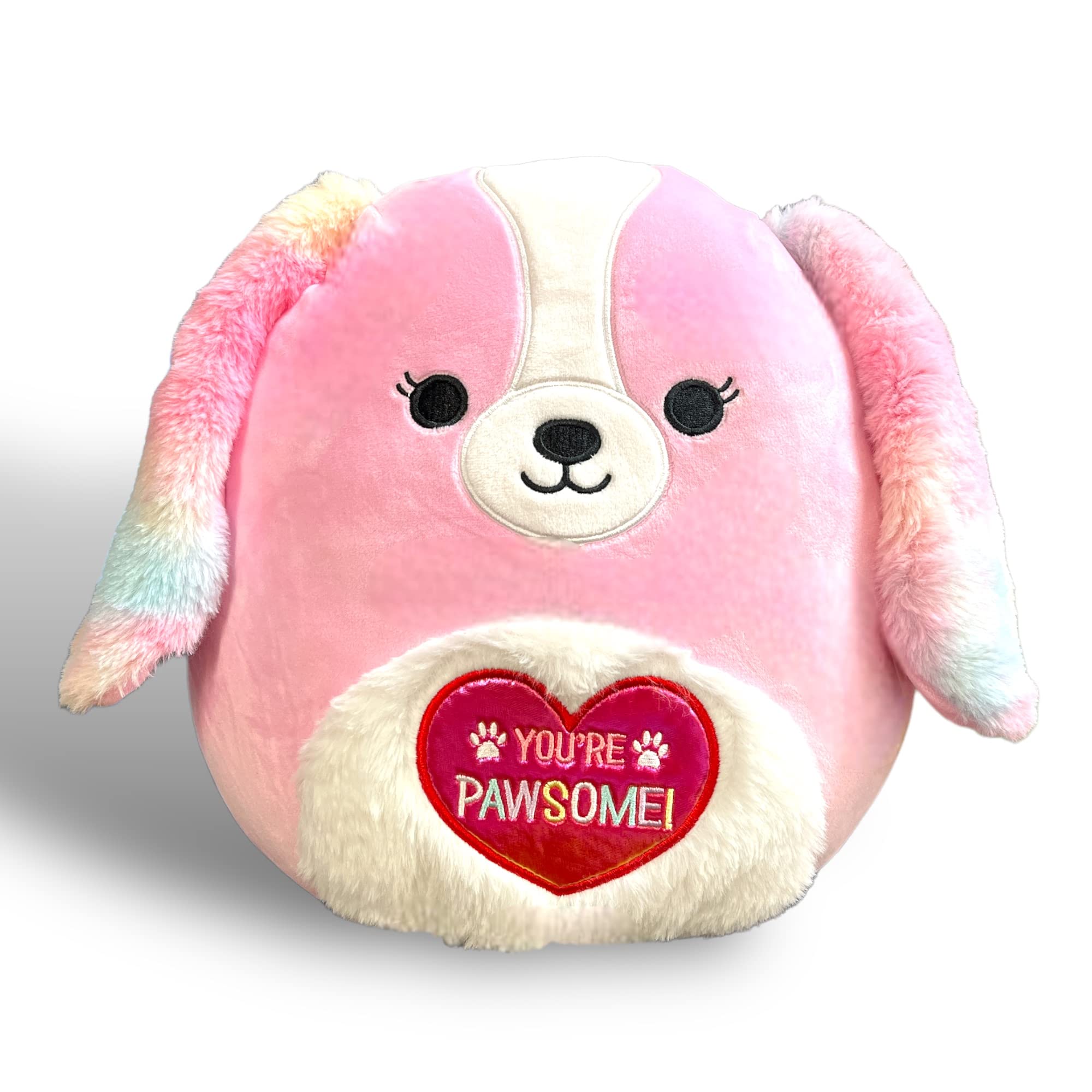 Squishmallows Official Kellytoy 11 Inch Beemie Pink Dog Rainbow Tie-Dye Furry Ears White Furry Belly with Heart Scribed You're Pawsome! - 2023 Valentine’s Squad Stuffed Animal Toy Plush Doll.