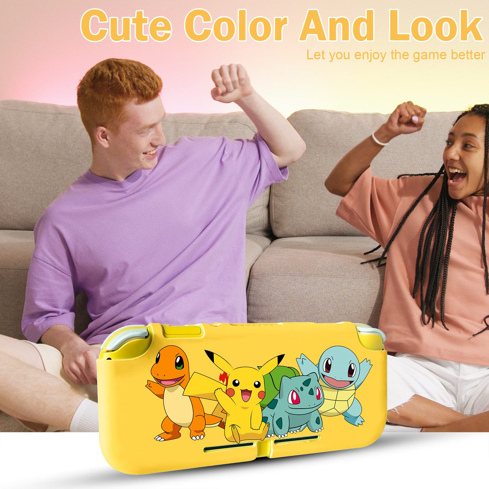 Xcitifun Designed for Nintendo Switch Lite Case Switch Lite TPU Cases for Girls Boys Kids Cute Kawaii Protective Shell Compatible with Nintendo Switch Lite Controller Carrying Cover - Poke Yellow