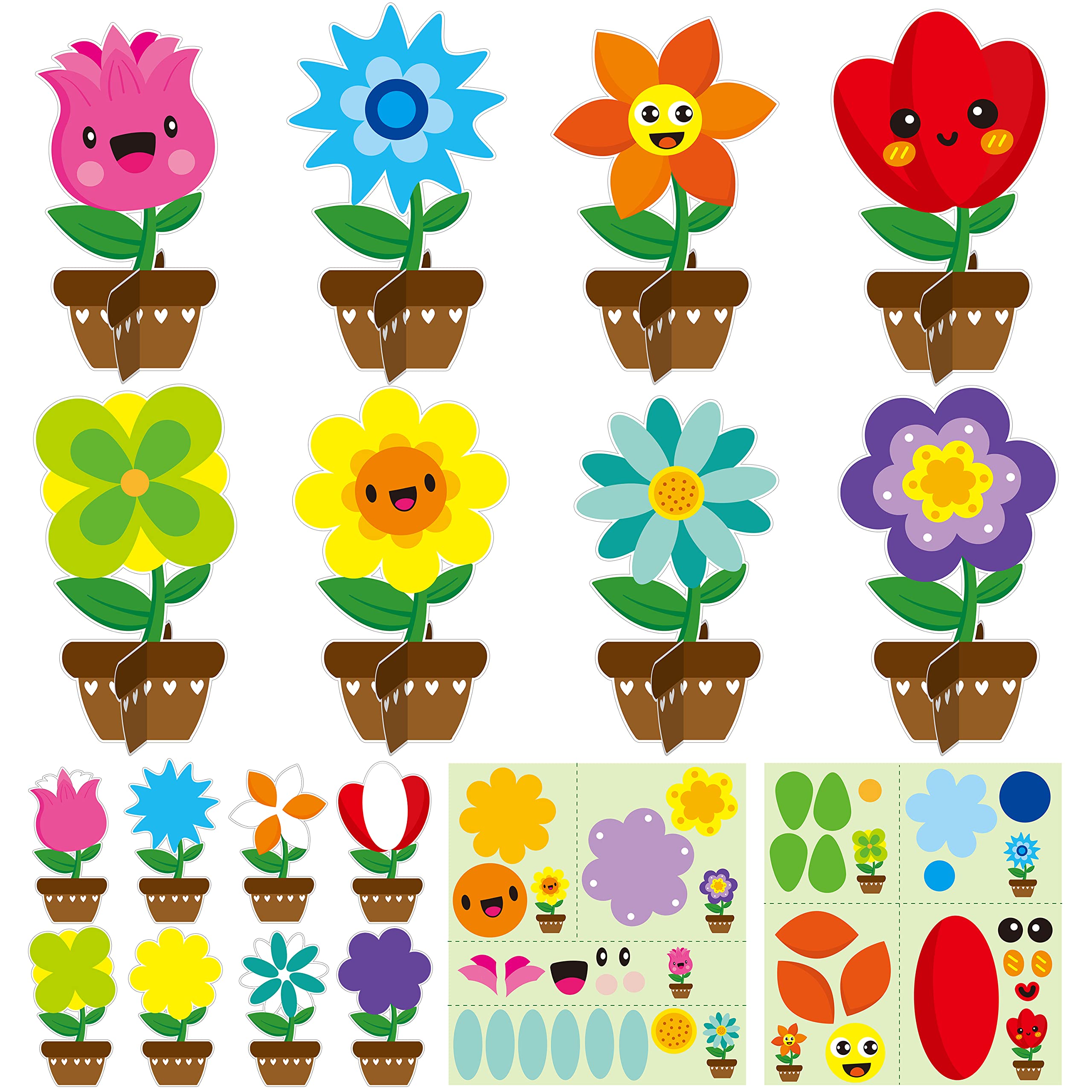 WATINC 32 Packs Father’s Day Flower Craft Kits Make Your Spring DIY Flowers Craft Set Sun Mouth Eyes Stickers Springtime Flowers Decorations for Kids Boy Girl Home School Fun Activities