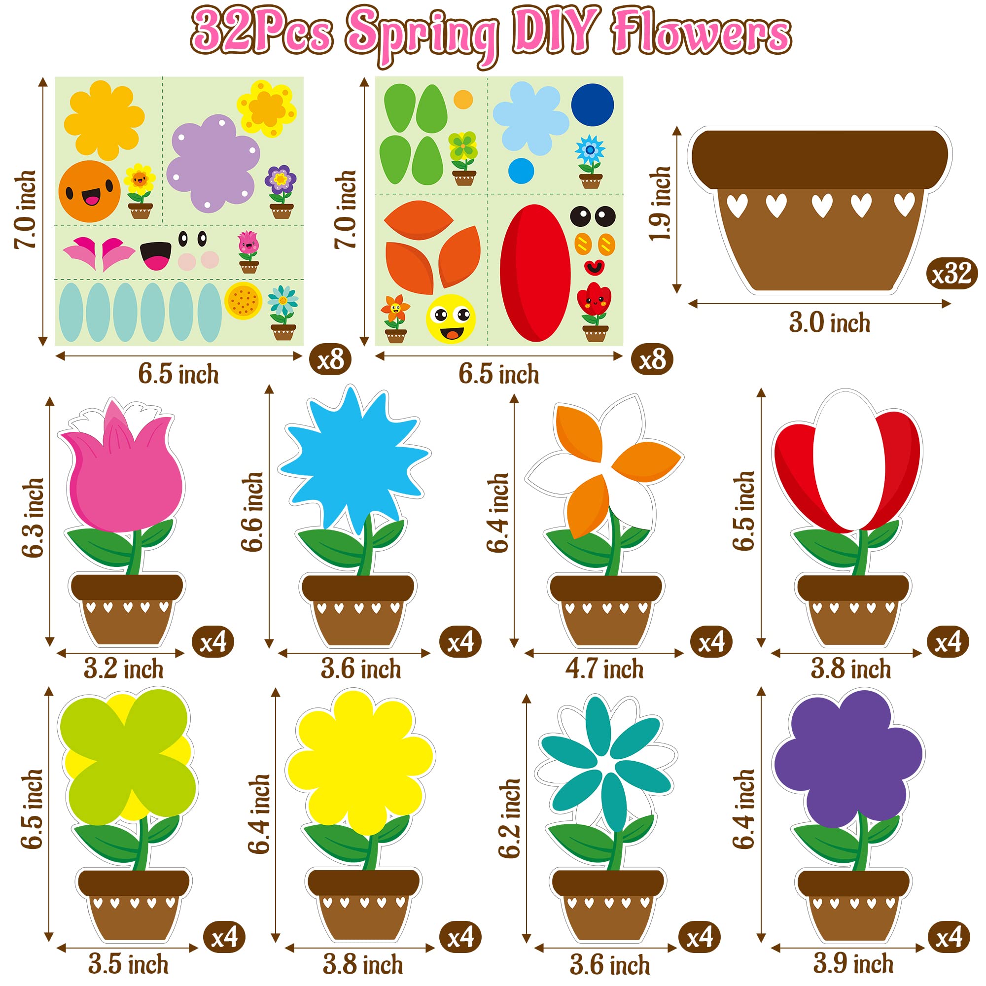 WATINC 32 Packs Father’s Day Flower Craft Kits Make Your Spring DIY Flowers Craft Set Sun Mouth Eyes Stickers Springtime Flowers Decorations for Kids Boy Girl Home School Fun Activities