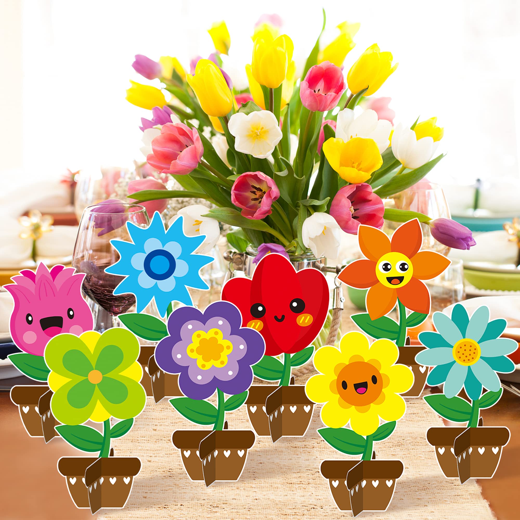 WATINC 32 Packs Father’s Day Flower Craft Kits Make Your Spring DIY Flowers Craft Set Sun Mouth Eyes Stickers Springtime Flowers Decorations for Kids Boy Girl Home School Fun Activities